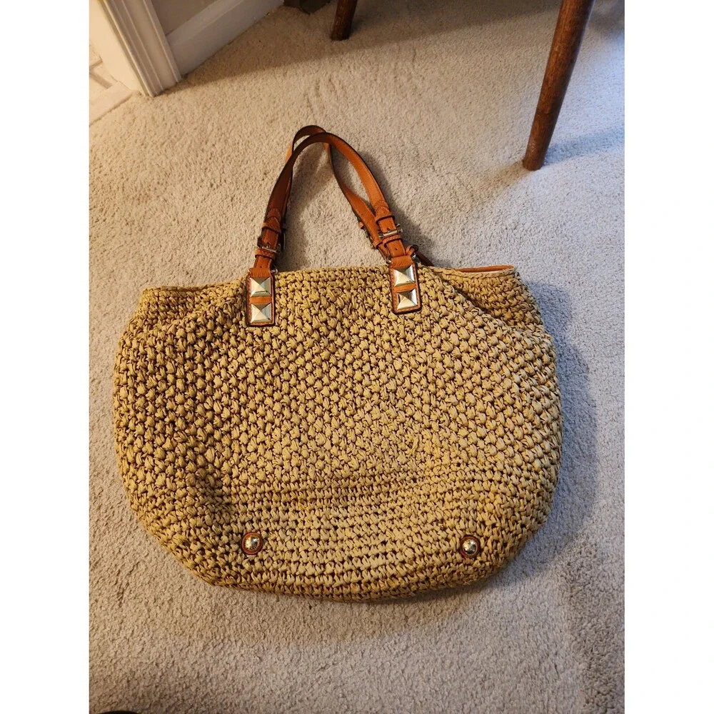 Michael Kors Brown Rattan Woven Tote Bag w/ Orange Straps